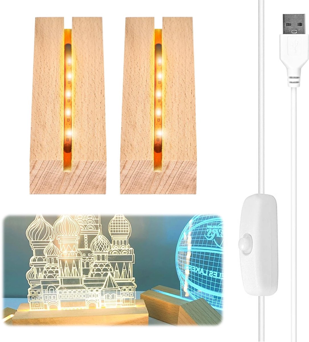 Omgoods - 2 Stuks Houten LED Pedestals - USB Verlichte Basis voor Decoratie