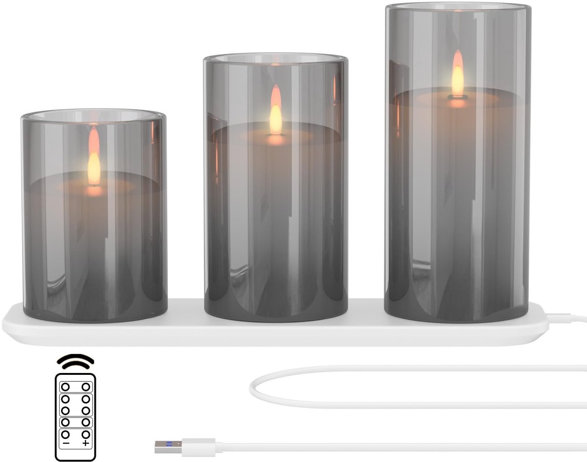 Omgoods - Set van 3 LED Kaarsen met Oplaadstation en Afstandsbediening