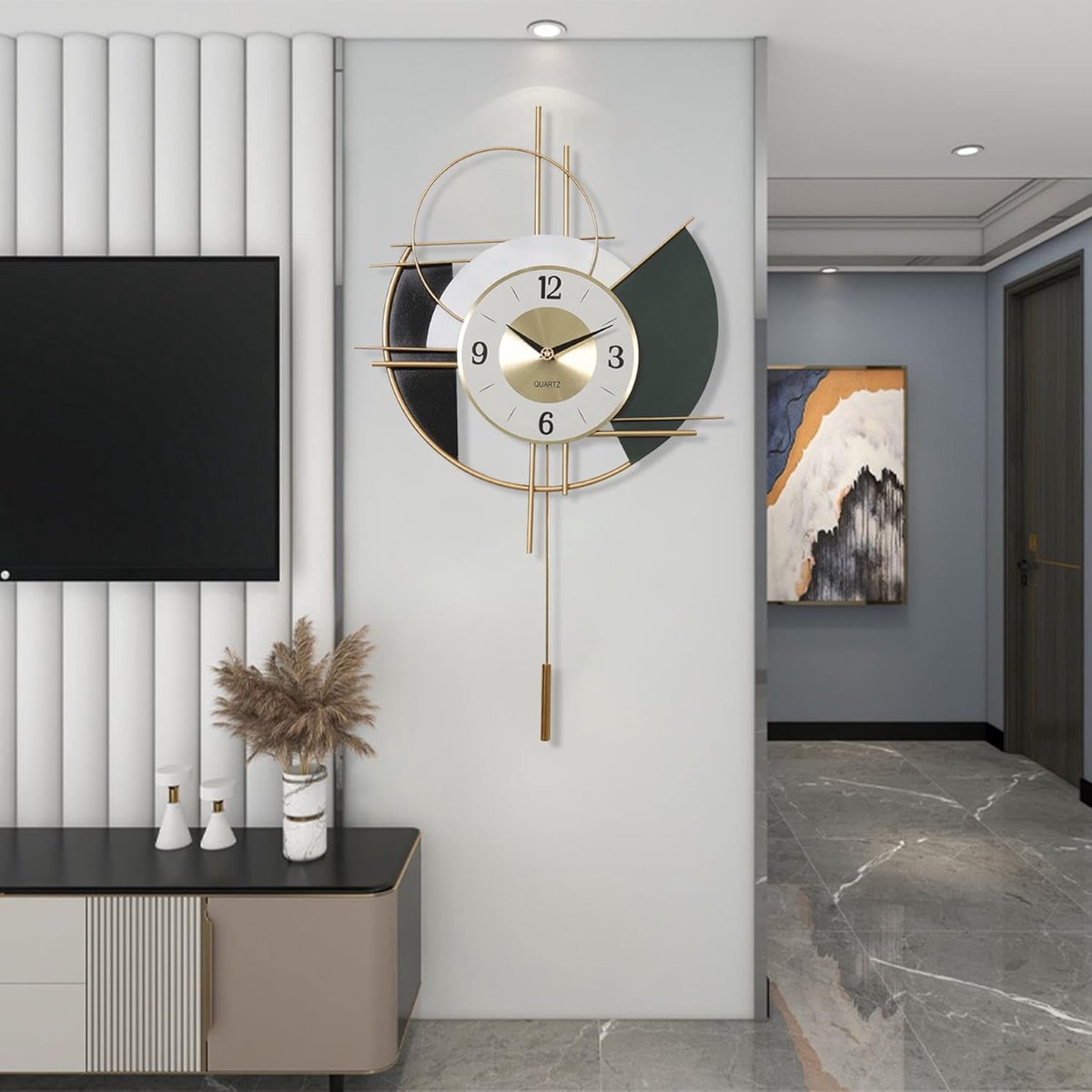 SnelShoppen - Grote moderne wandklok zonder tikkend geluid, rond, stil, van metaal, voor woonkamer, keuken, slaapkamer, 64 x 44 cm