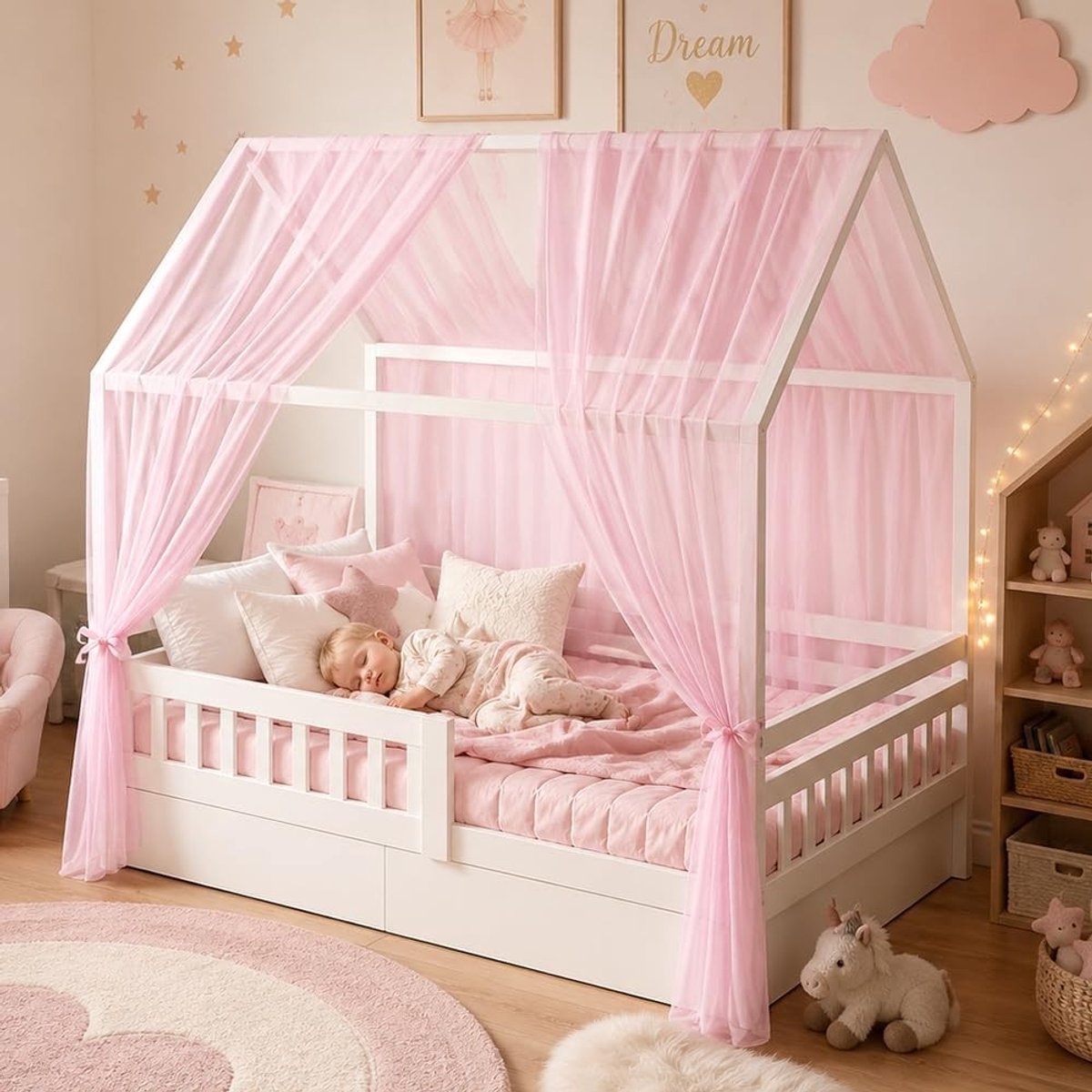 Lichtgewicht ademende bedgordijnen voor kinderbedden, huisbedhemelset 150 x 350 cm, perfect voor jongens en meisjes, sfeervolle kinderkamerdecoratie
