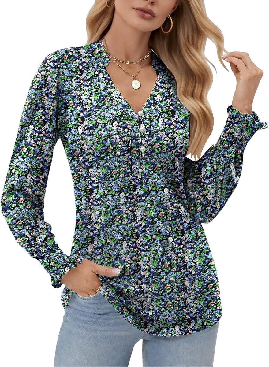 Blouse Dames V-hals Puff Lange Mouw T-Shirts Dames Button Down Tuniek Casual Elegante Blouses