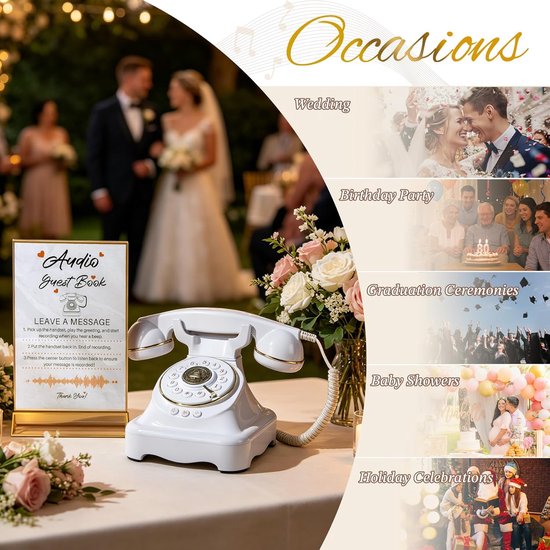 gastenboek bruiloft telefoon met one-touch weergave & instelbaar volume voor bruiloft, jubileum, verjaardagsfeesten, babyshower, wit met bord — afbeelding 5