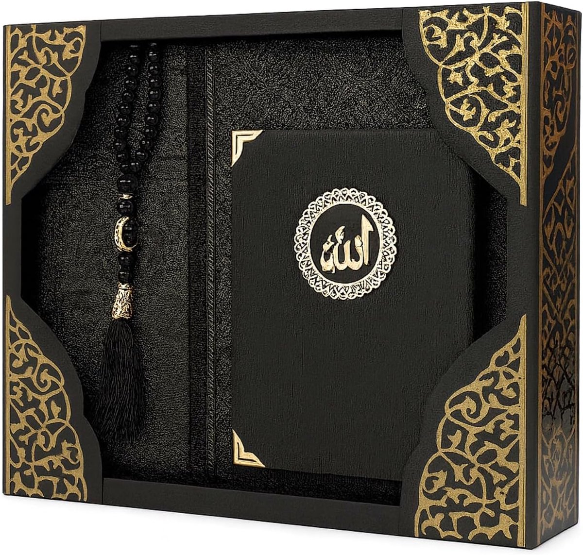 moslim gebedskleed voor moslims (gebedstapijt, soeraboek met tas, tesbih, zikirmatik) islam seccade (zwart)