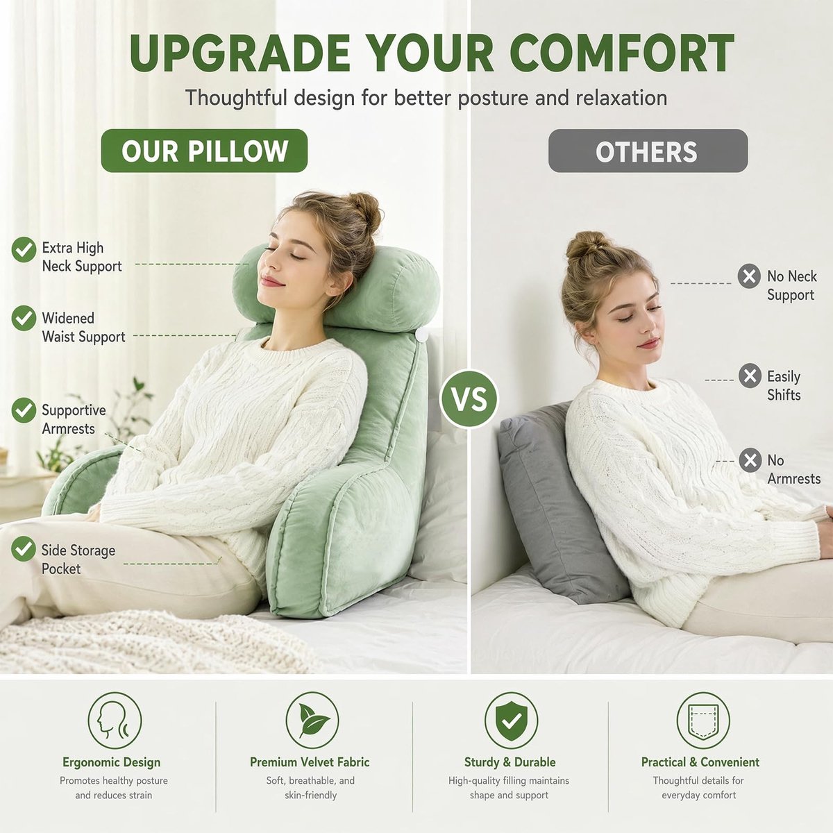 Omgoods - Extra Groot Rugkussen voor Lezen - Ergonomische Ondersteuning in Groen