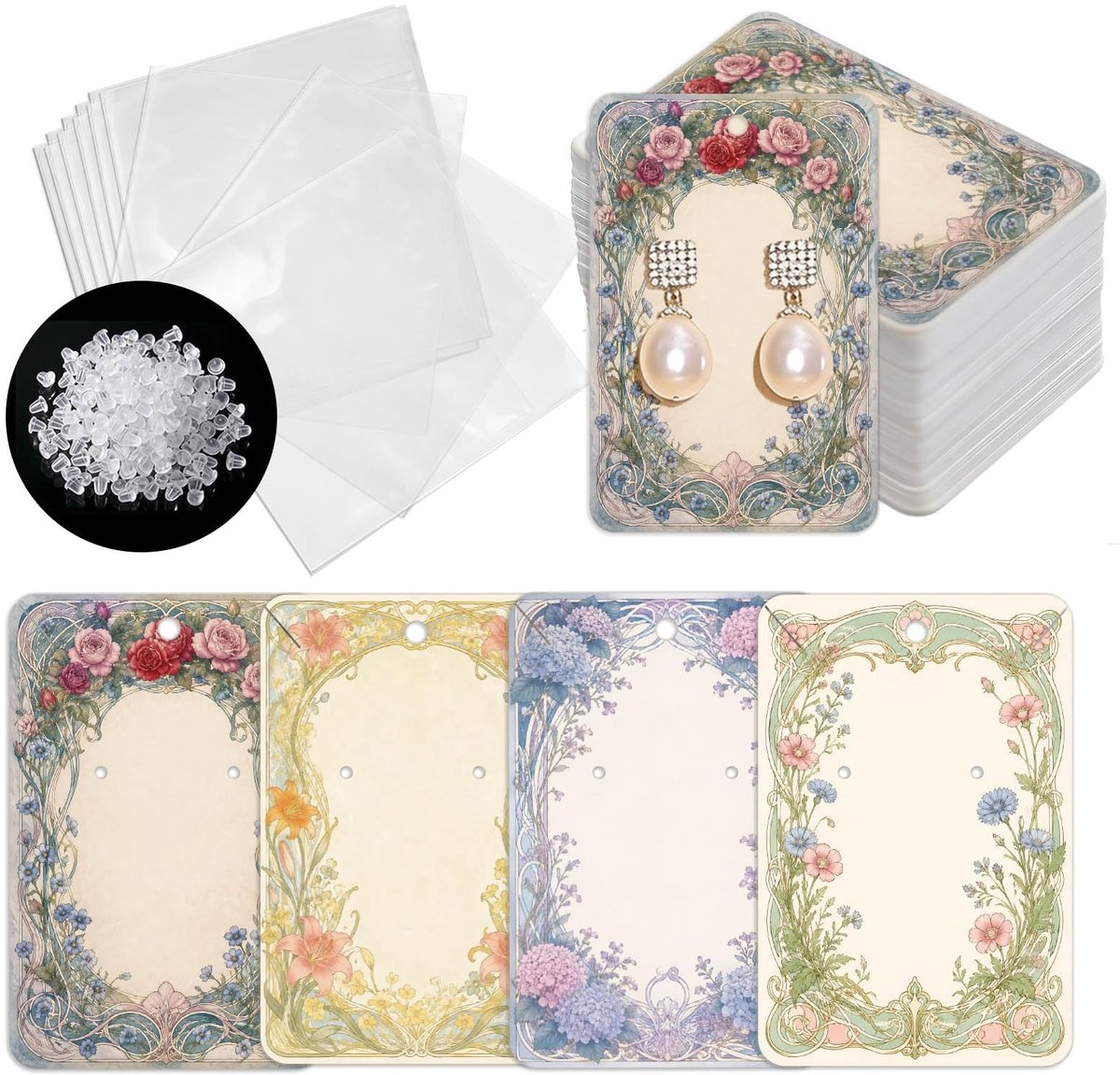 Omgoods - 120 Stuks Presentatiekaarten voor Oorbellen - Retro Rand met Zelfklevende Zakjes