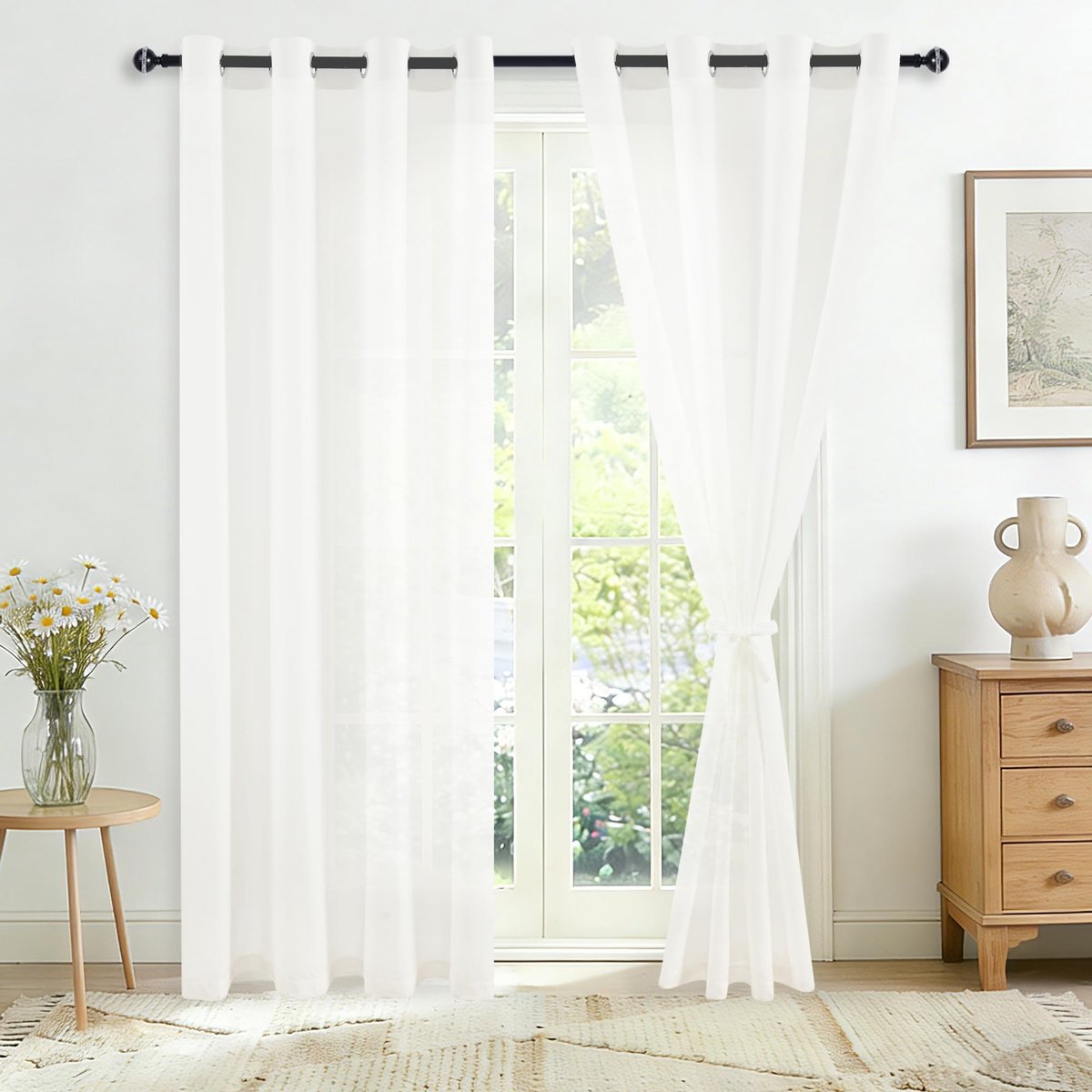 Omgoods - Witte Voile Gordijnen met Oogjes - Set van 2, Semi-Transparant voor de Woonkamer - 225x140 cm