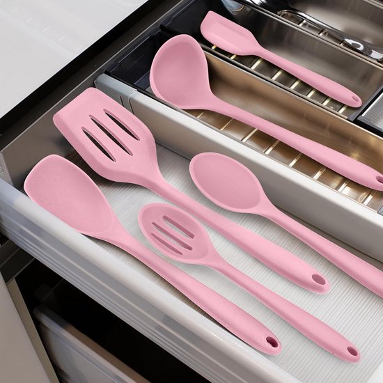 Keukenhulpset, set van 8 stuks siliconen keukengerei, hittebestendige keukenaccessoires met siliconen spatel/lepel/wender/schep, antiaanbaklaag en vaatwasserbestendig - Roze — afbeelding 4