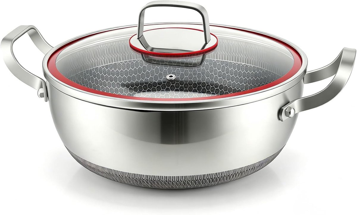 Sauteerpan met hoge rand met glazen deksel, honingraatpan met krasbestendige antiaanbaklaag en wasbaar zonder klinknagels, geschikt voor alle warmtebronnen, serveerpan