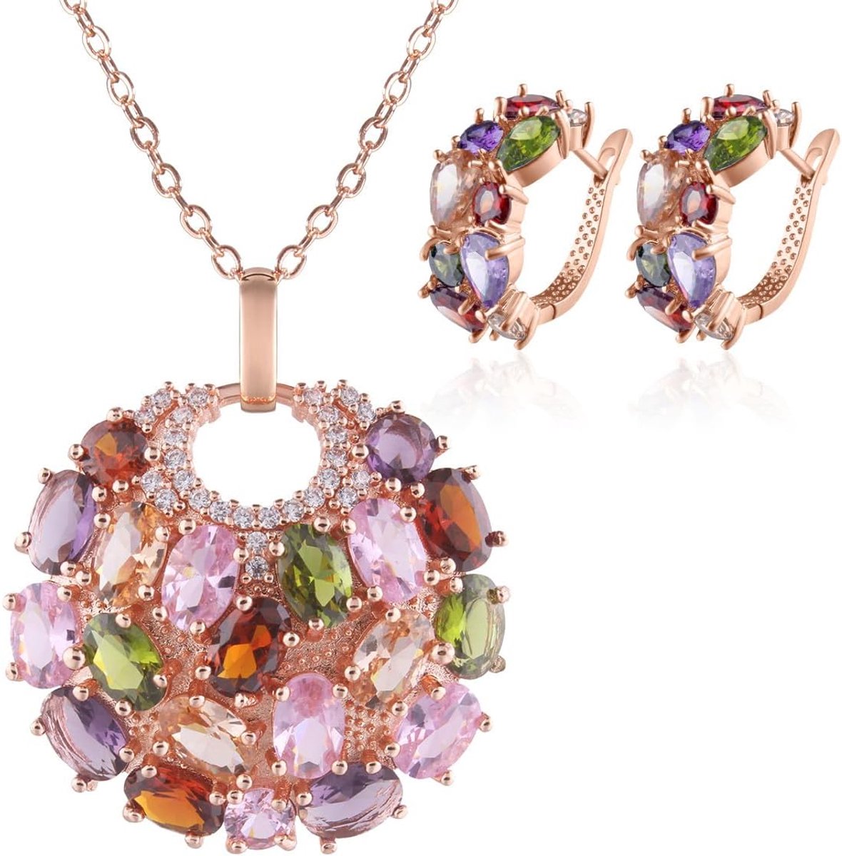 Bloem hanger ketting en oorbellen set kubische zirkonia ketting stud oorbellen sieraden sets voor vrouwen goud en kleurrijk, koperlegering