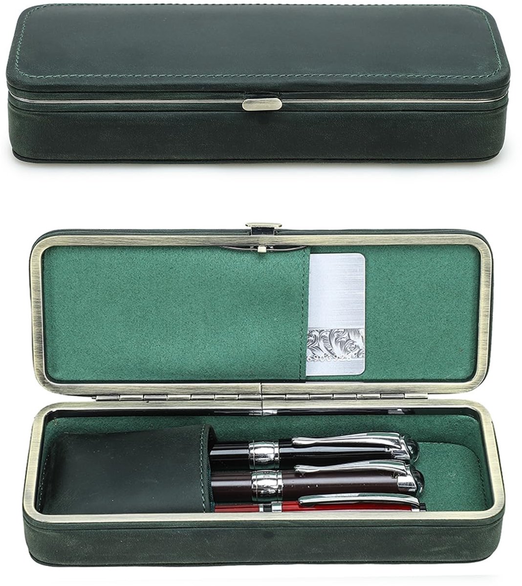 Omgoods - Handgemaakte Lederen Pennenetui met Drukknoop en Kaartsleuf - Vintage Groen