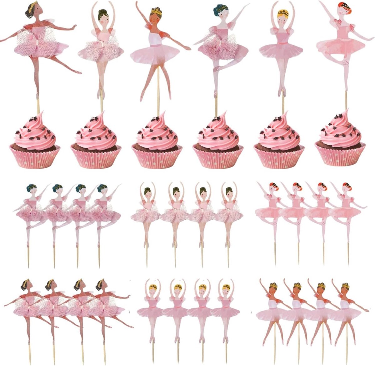 Ballerina cupcake toppers 24 stuks - roze balletrok ontwerp - diverse huidtinten - perfect voor verjaardagsfeestjes - ShopVlot