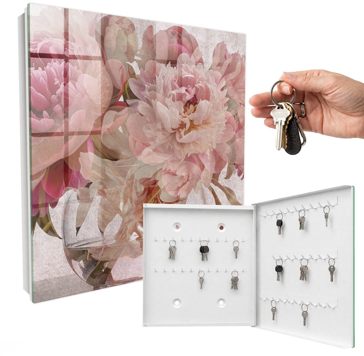 WallMuralia - Sleutelkast - 30x30x5 cm - met 50 haken - Romantische Bloemen Groot Sleutelkastje - Roze Sleutelbox - Rechtsopenend - Wit interieur
