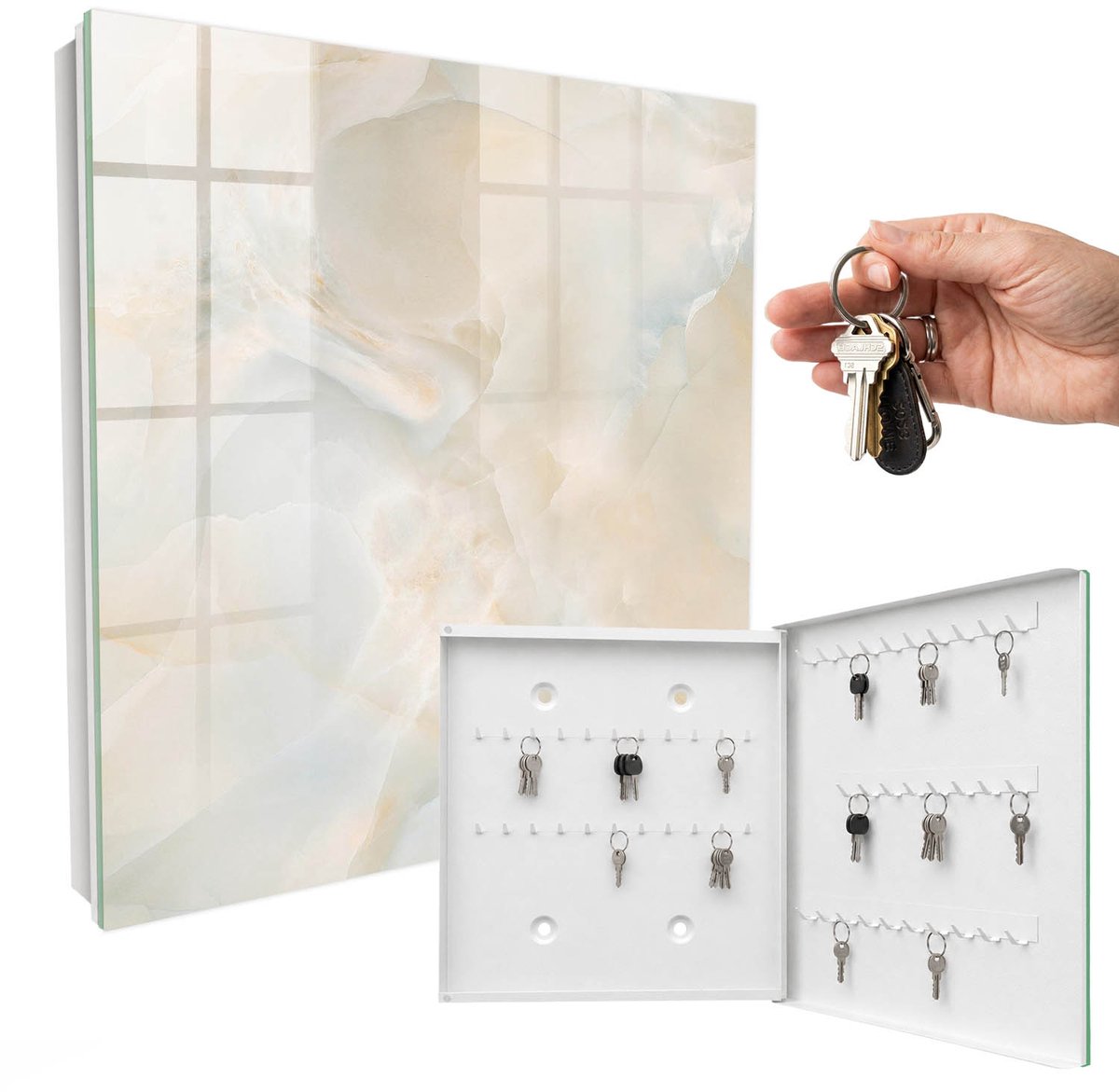 WallMuralia - Sleutelkast - 30x30x5 cm - met 50 haken - Romige Kalmte Sleutelkastje Gang - Romig Sleutelbox - Rechtsopenend - Wit interieur