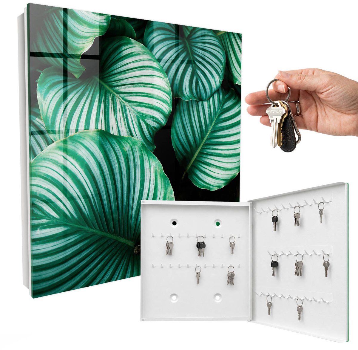 WallMuralia - Sleutelkast - 30x30x5 cm - met 50 haken - Groene Bladeren Sleutelkastje Klein - Groente Sleutelbox - Rechtsopenend - Wit interieur