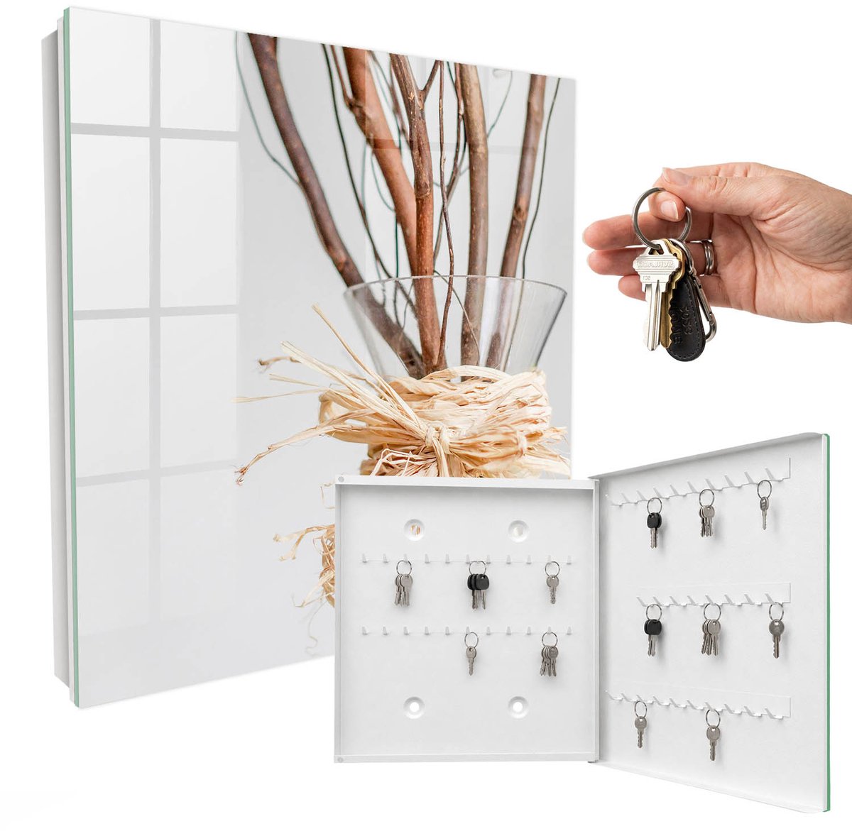WallMuralia - Sleutelkast - 30x30x5 cm - met 50 haken - Takken In Een Vaas Sleutelkastje Industrieel - Beige Sleutelbox - Rechtsopenend - Wit interieur