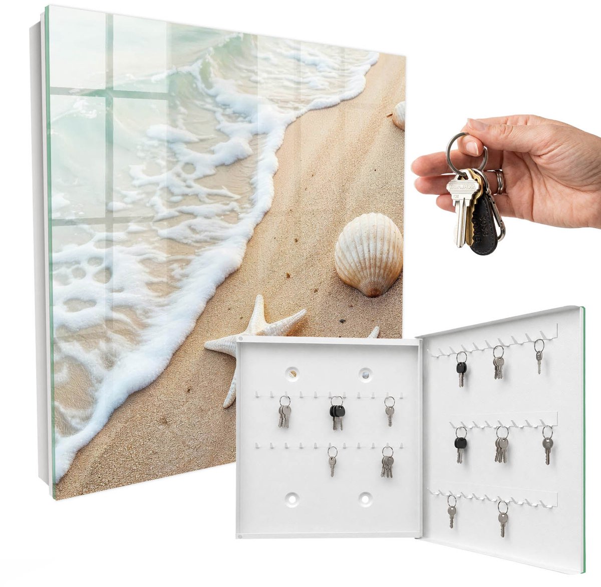 WallMuralia - Sleutelkast - 30x30x5 cm - met 50 haken - Strandparadijs Leuk Sleutelkastje - Beige Sleutelbox - Rechtsopenend - Wit interieur