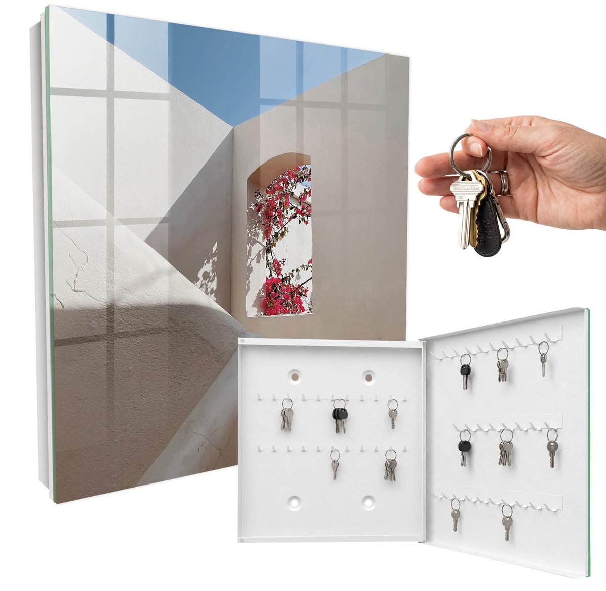WallMuralia - Sleutelkast - 30x30x5 cm - met 50 haken - Een Rustig Hoekje Sleutelkastje Modern - Wit Sleutelbox - Rechtsopenend - Wit interieur