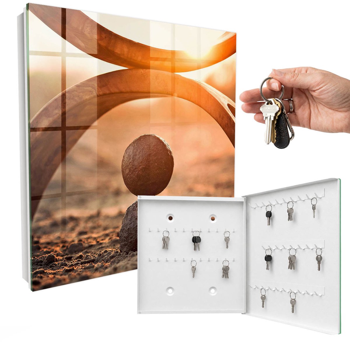 WallMuralia - Sleutelkast - 30x30x5 cm - met 50 haken - Abstracte Harmonie Sleutelkastje Modern - Oranje Sleutelbox - Rechtsopenend - Wit interieur