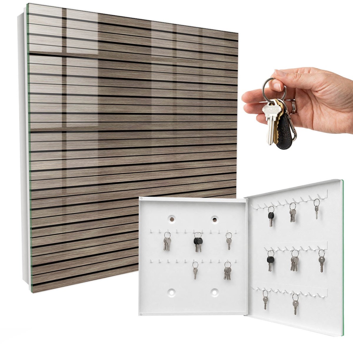 WallMuralia - Sleutelkast - 30x30x5 cm - met 50 haken - Houten Planken Sleutelkastje Design - Bruin Sleutelbox - Rechtsopenend - Wit interieur