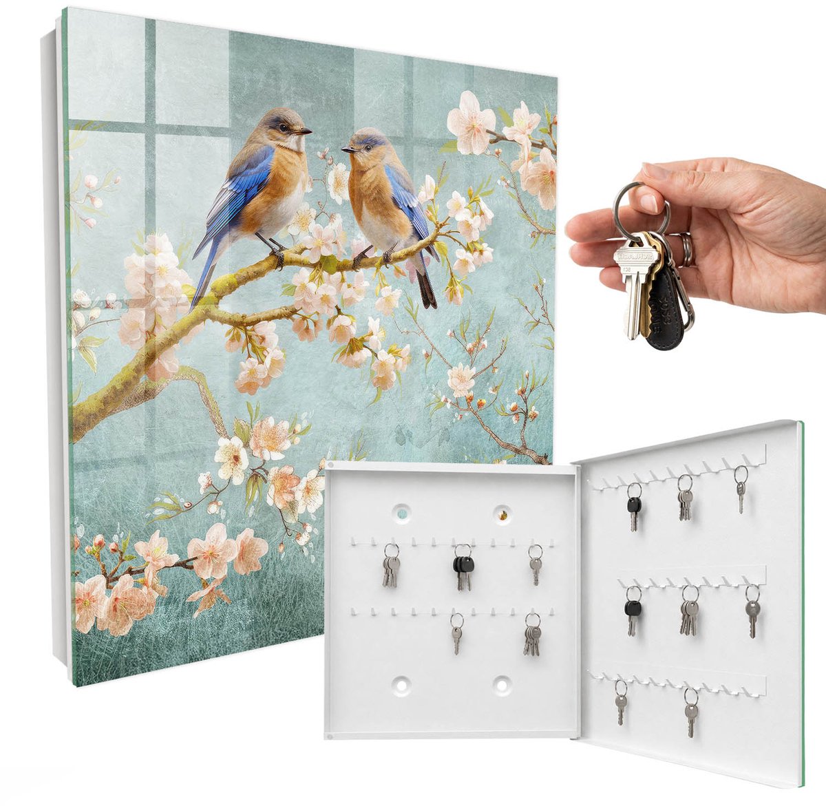 WallMuralia - Sleutelkast - 30x30x5 cm - met 50 haken - Lentetafereel Leuk Sleutelkastje - Blauw Sleutelbox - Rechtsopenend - Wit interieur