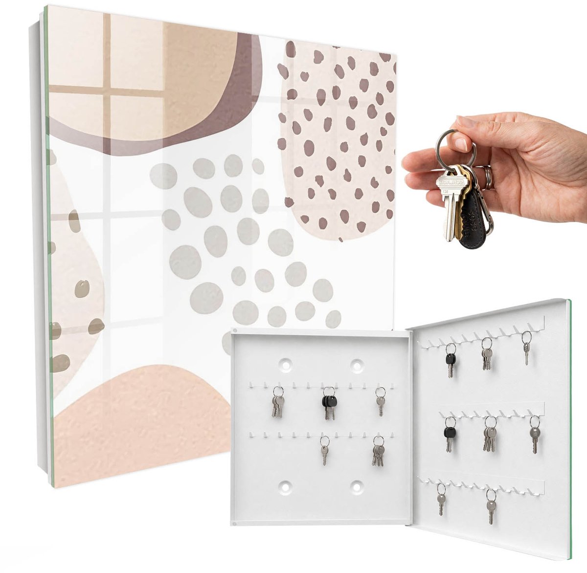 WallMuralia - Sleutelkast - 30x30x5 cm - met 50 haken - Organische Vormen Sleutelkastje Design - Beige Sleutelbox - Rechtsopenend - Wit interieur