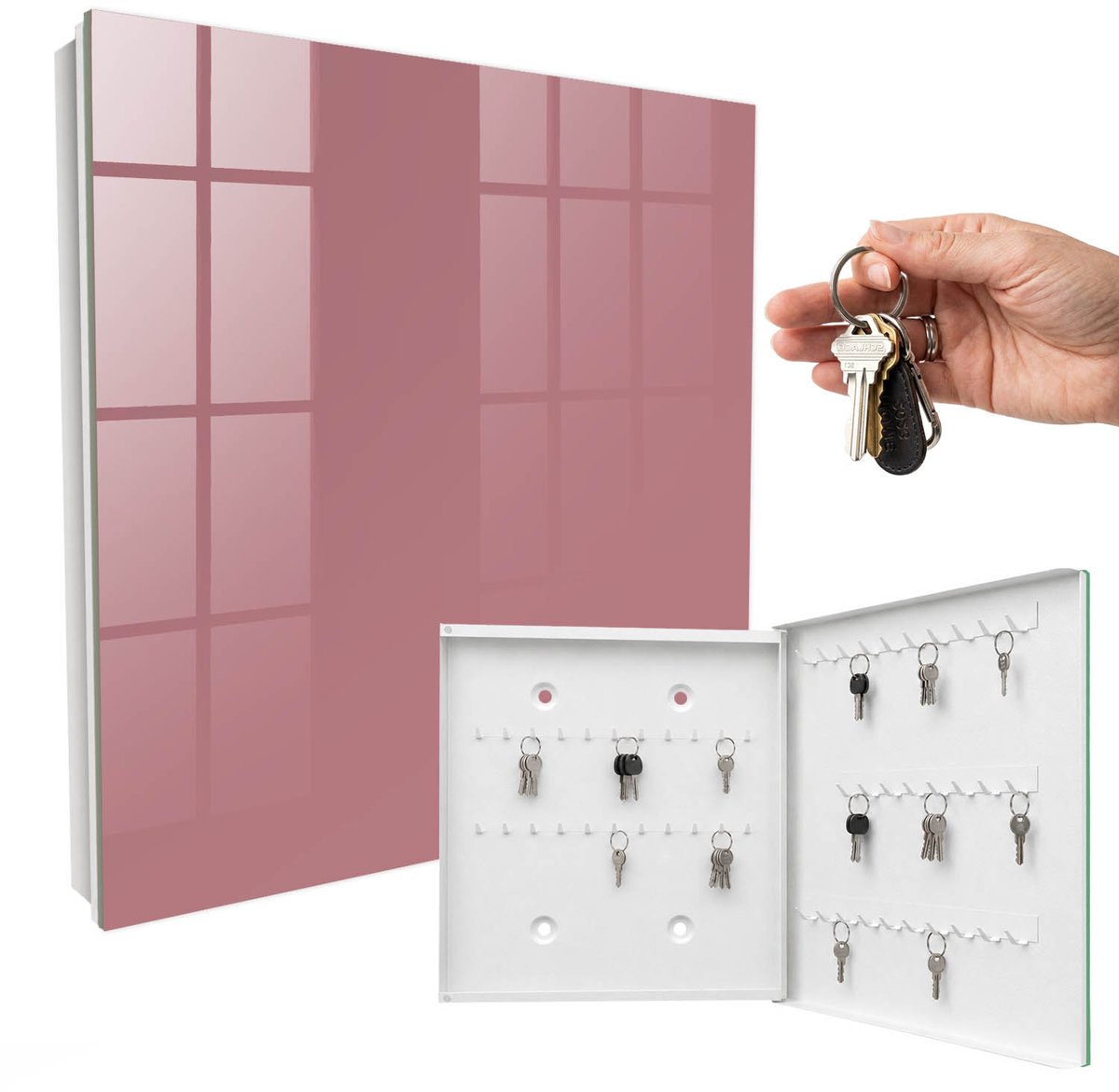 WallMuralia - Sleutelkast - 30x30x5 cm - met 50 haken - Oudroze Sleutelkastje - Roze Sleutelbox - Rechtsopenend - Wit interieur