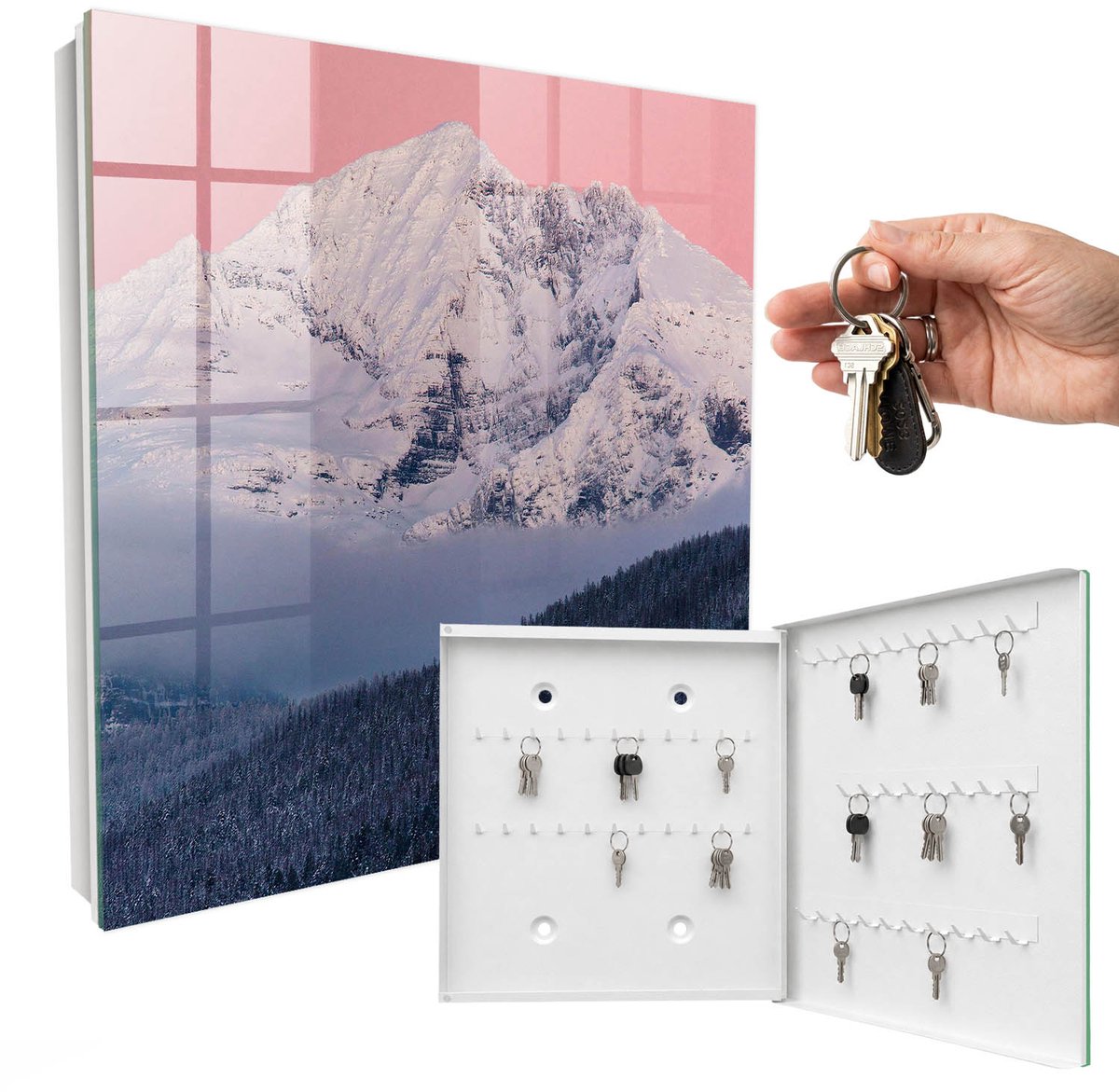 WallMuralia - Sleutelkast - 30x30x5 cm - met 50 haken - Winterpiek Sleutelkastje Modern - Roze Sleutelbox - Rechtsopenend - Wit interieur