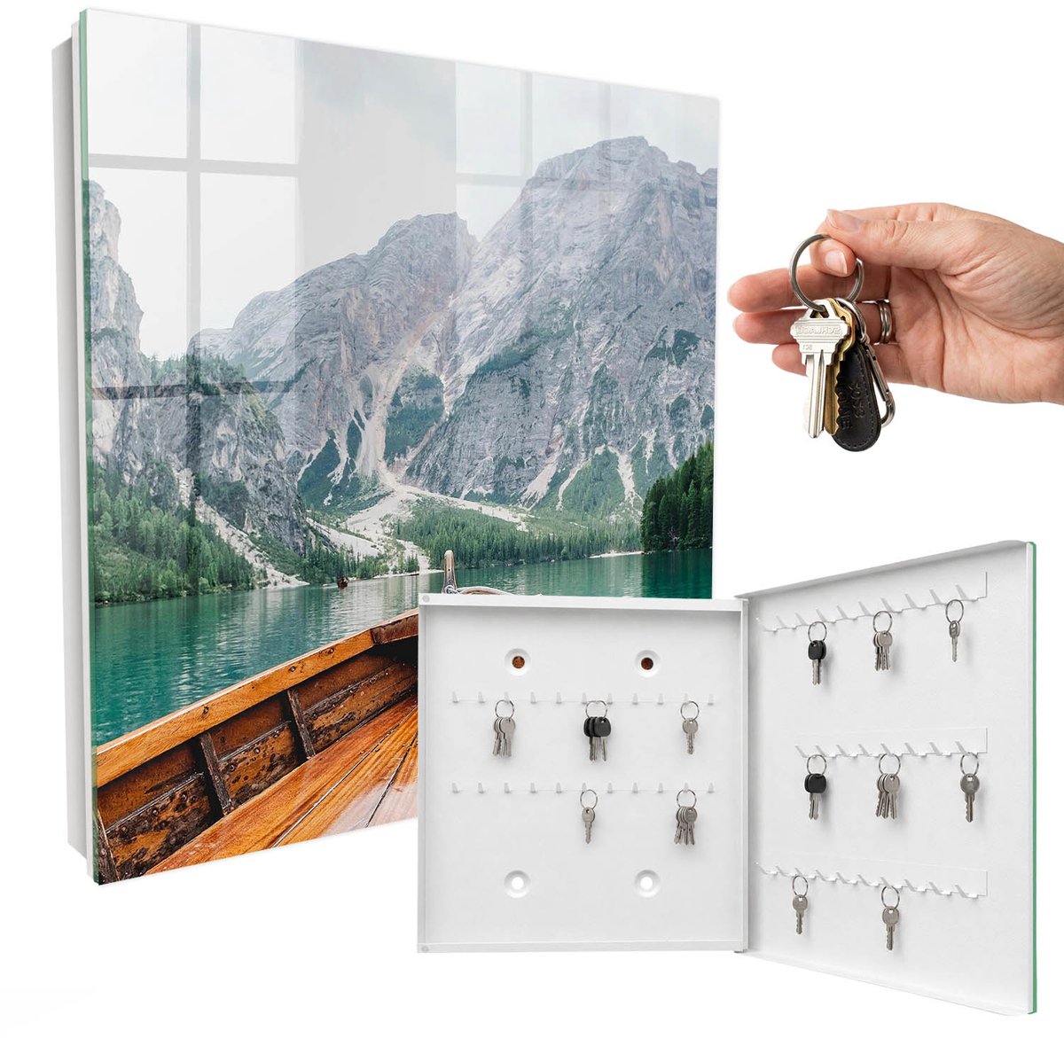 WallMuralia - Sleutelkast - 30x30x5 cm - met 50 haken - Bergzeilen Sleutelkastje Binnen - Bruin Sleutelbox - Rechtsopenend - Wit interieur