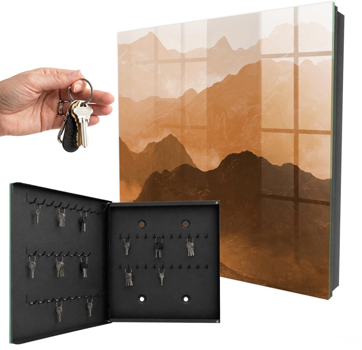 WallMuralia - Sleutelkast - 30x30x5 cm - met 50 haken - Bergpanorama Sleutelkastje Landelijk - Oranje Sleutelbox - Linksopenend - Zwart interieur