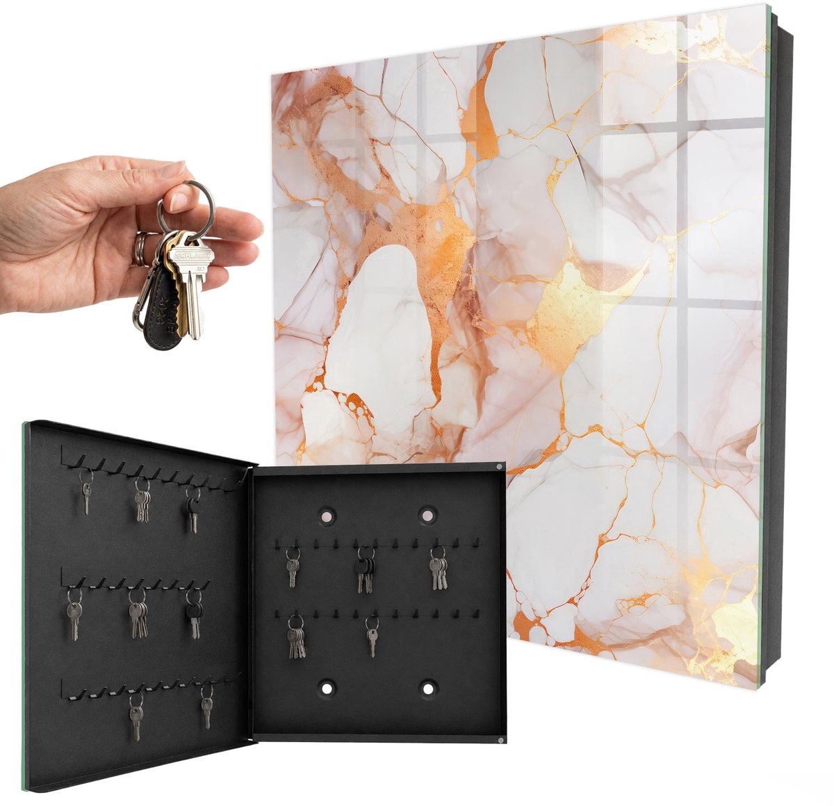 WallMuralia - Sleutelkast - 30x30x5 cm - met 50 haken - Marmeren Elegantie Sleutelkastje Binnen - Wit Sleutelbox - Linksopenend - Zwart interieur