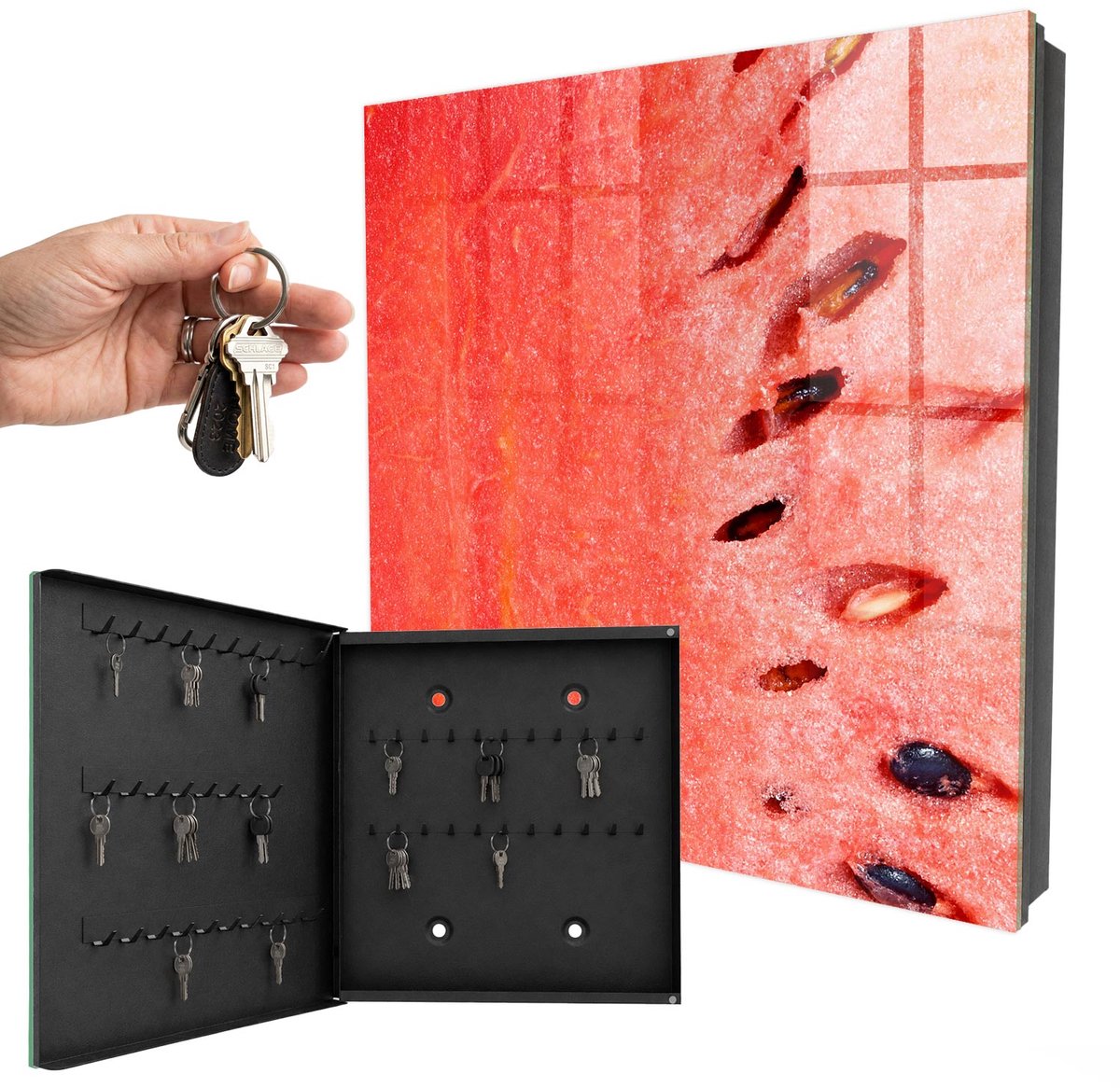 WallMuralia - Sleutelkast - 30x30x5 cm - met 50 haken - Sappige Watermeloen Leuk Sleutelkastje - Rood Sleutelbox - Linksopenend - Zwart interieur
