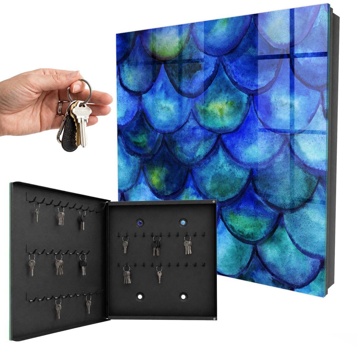 WallMuralia - Sleutelkast - 30x30x5 cm - met 50 haken - Blauwe Schubben Sleutelkastje Industrieel - Blauw Sleutelbox - Linksopenend - Zwart interieur