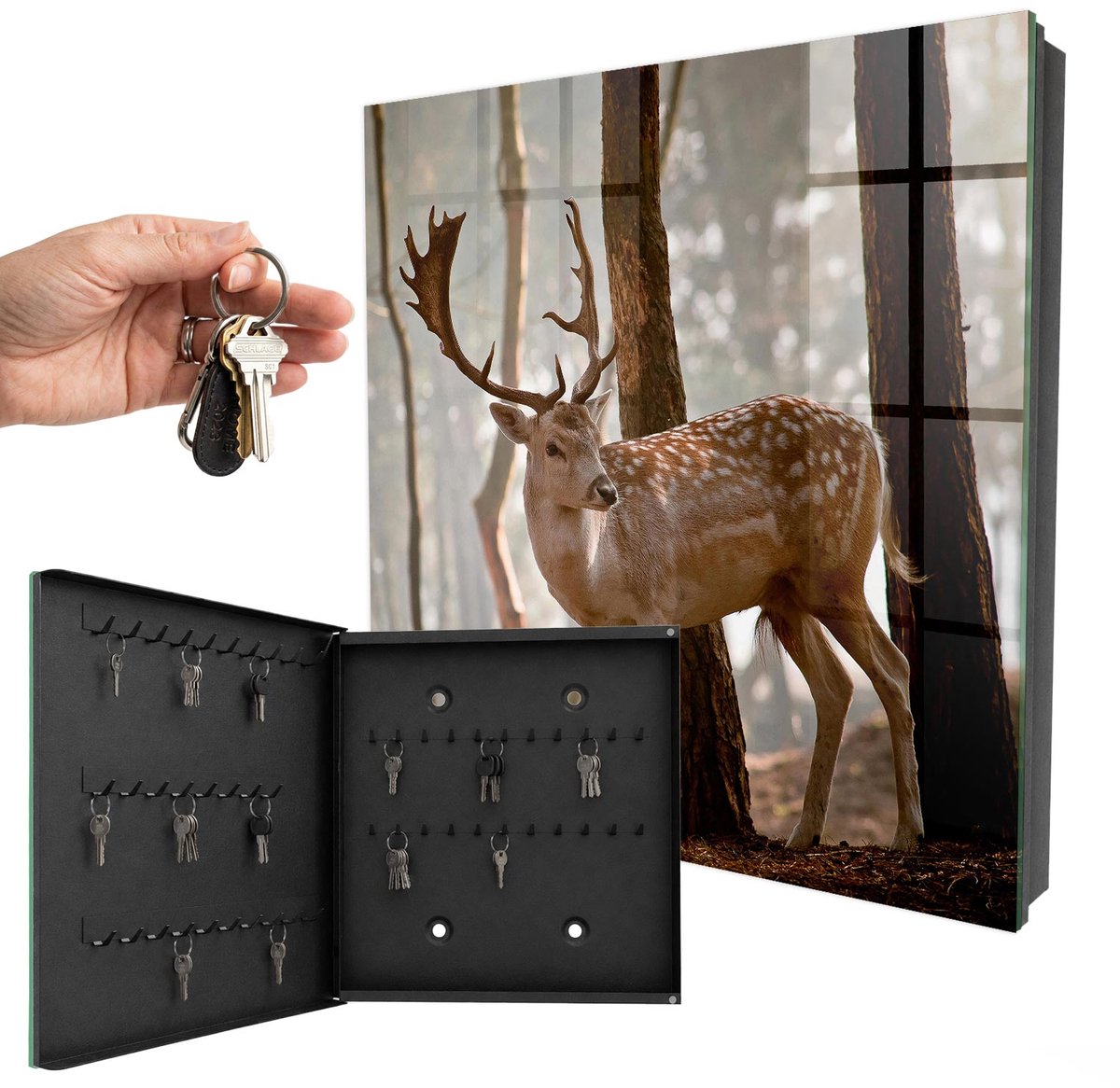 WallMuralia - Sleutelkast - 30x30x5 cm - met 50 haken - Herten In Het Bos Sleutelkastje Huis - Bruin Sleutelbox - Linksopenend - Zwart interieur