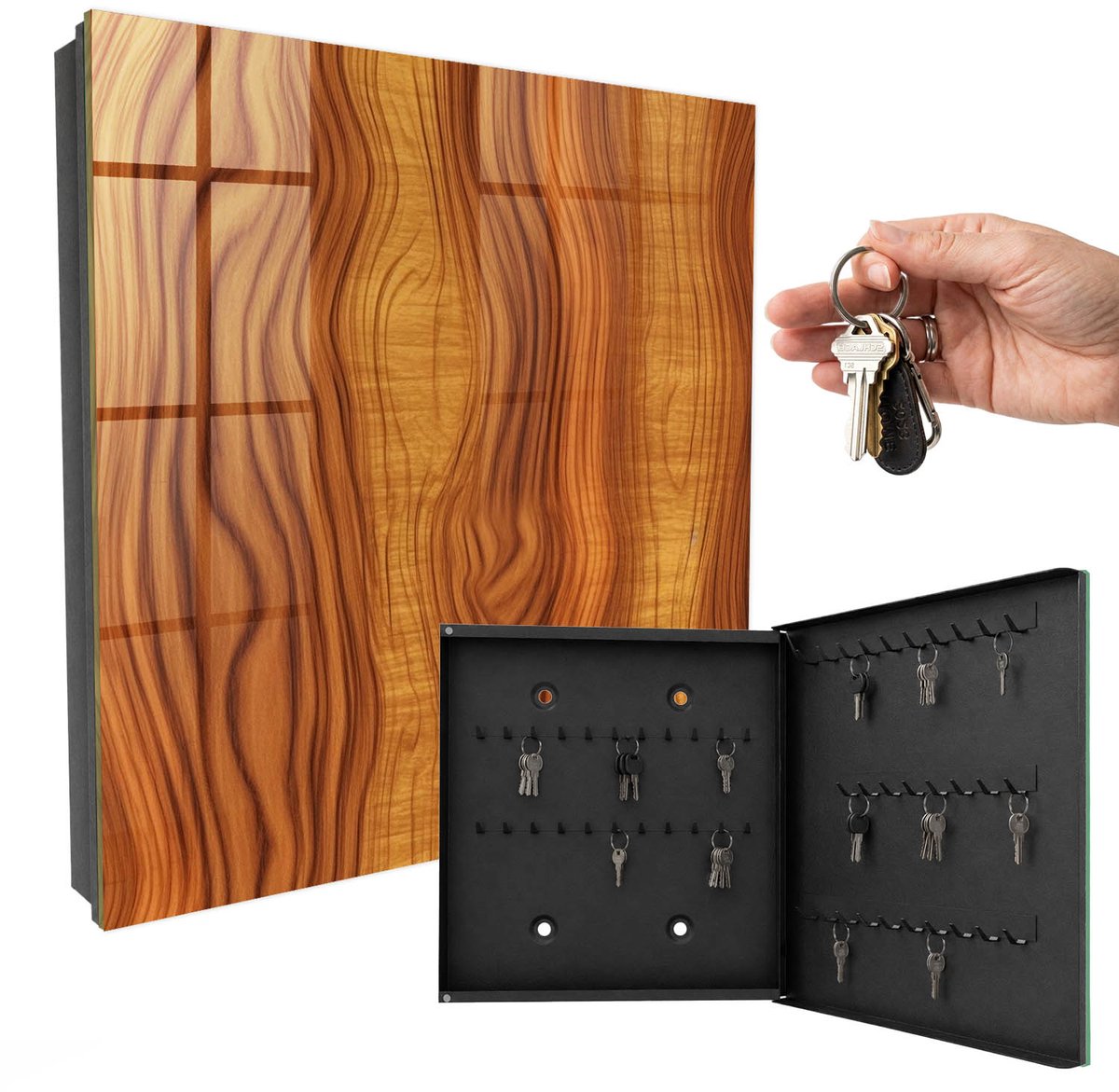 WallMuralia - Sleutelkast - 30x30x5 cm - met 50 haken - Houten Golven Sleutelkastje Gang - Bruin Sleutelbox - Rechtsopenend - Zwart interieur