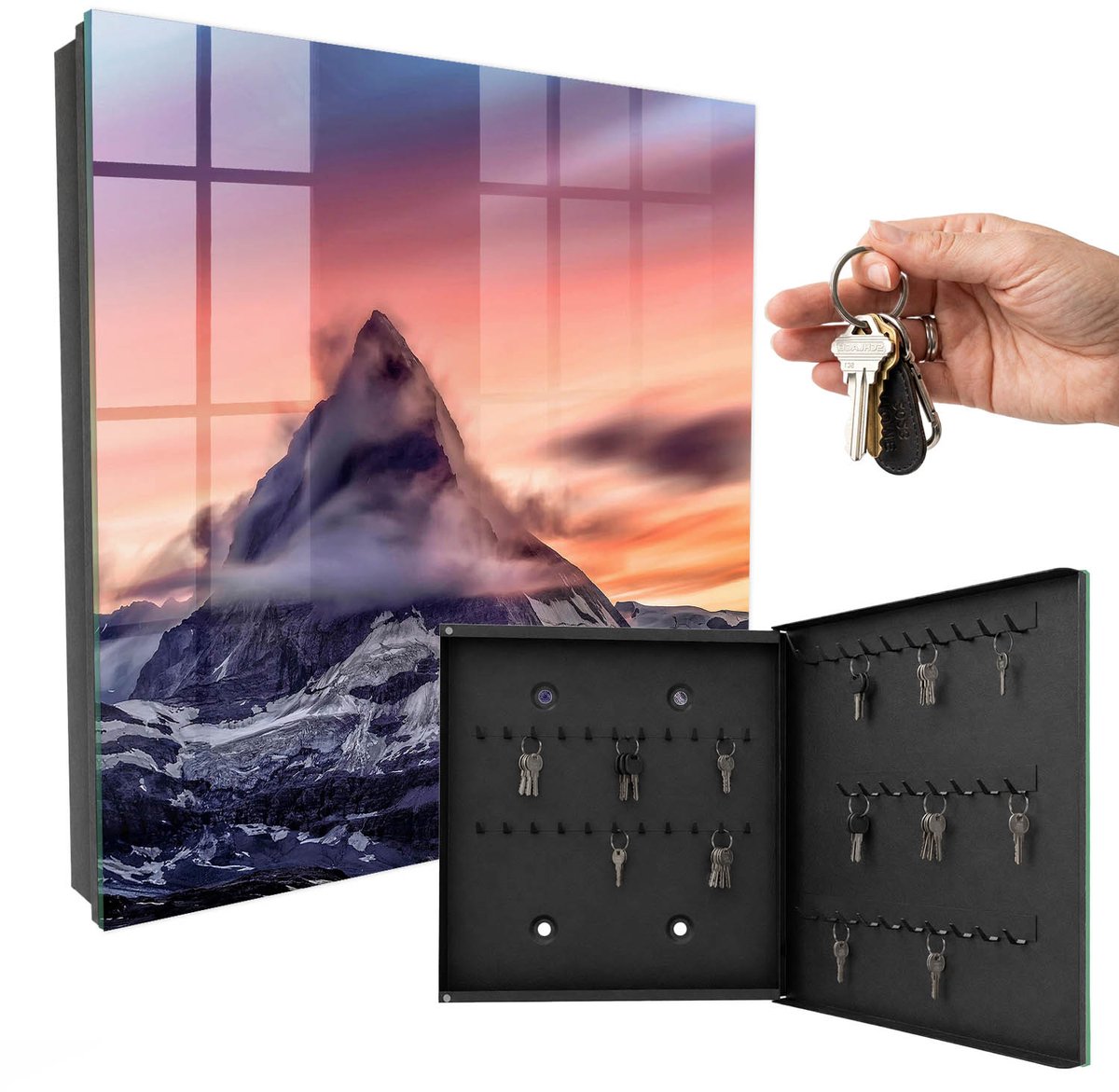 WallMuralia - Sleutelkast - 30x30x5 cm - met 50 haken - Bergmagie Sleutelkastje Voor Binnen - Paars Sleutelbox - Rechtsopenend - Zwart interieur