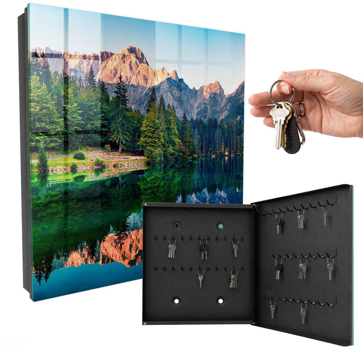 WallMuralia - Sleutelkast - 30x30x5 cm - met 50 haken - Berglandschap Sleutelkastje Hal - Groente Sleutelbox - Rechtsopenend - Zwart interieur