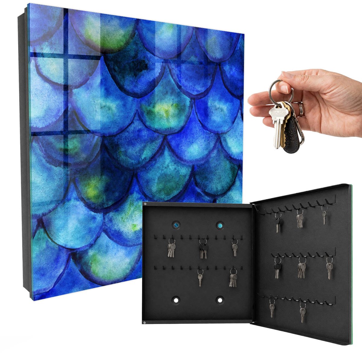 WallMuralia - Sleutelkast - 30x30x5 cm - met 50 haken - Blauwe Schubben Sleutelkastje Huis - Blauw Sleutelbox - Rechtsopenend - Zwart interieur
