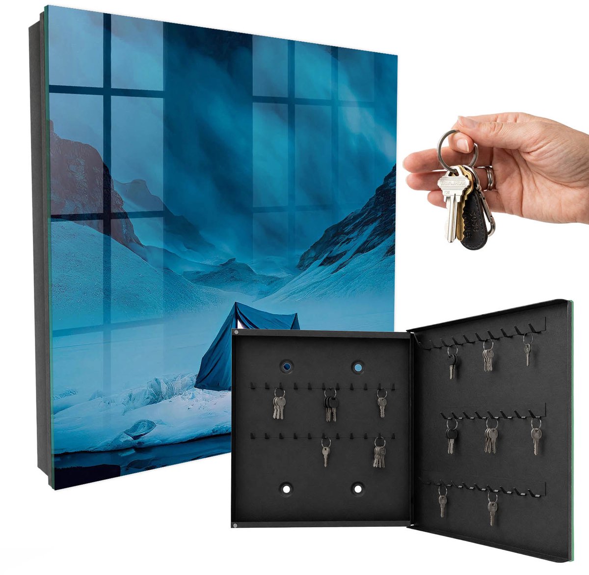 WallMuralia - Sleutelkast - 30x30x5 cm - met 50 haken - Blauwe Nacht Groot Sleutelkastje - Blauw Sleutelbox - Rechtsopenend - Zwart interieur
