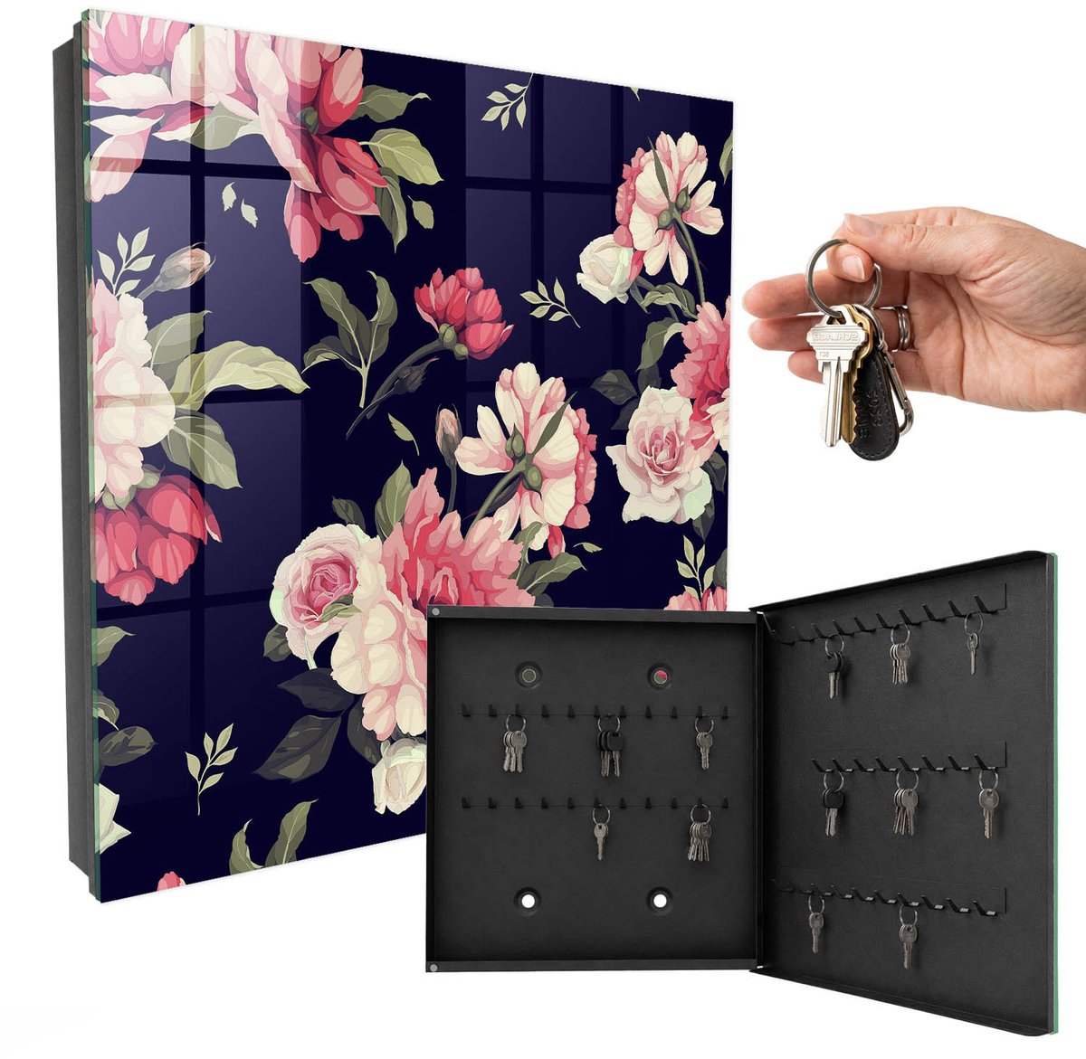 WallMuralia - Sleutelkast - 30x30x5 cm - met 50 haken - Romantische Bloemen Sleutelkastje Design - Marine Sleutelbox - Rechtsopenend - Zwart interieur