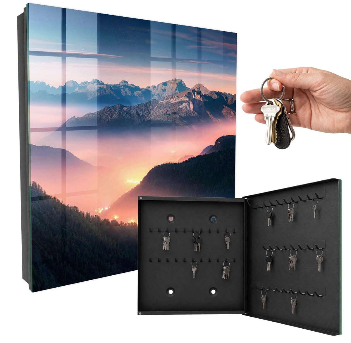 WallMuralia - Sleutelkast - 30x30x5 cm - met 50 haken - Bergpanorama Sleutelkastje - Marine Sleutelbox - Rechtsopenend - Zwart interieur