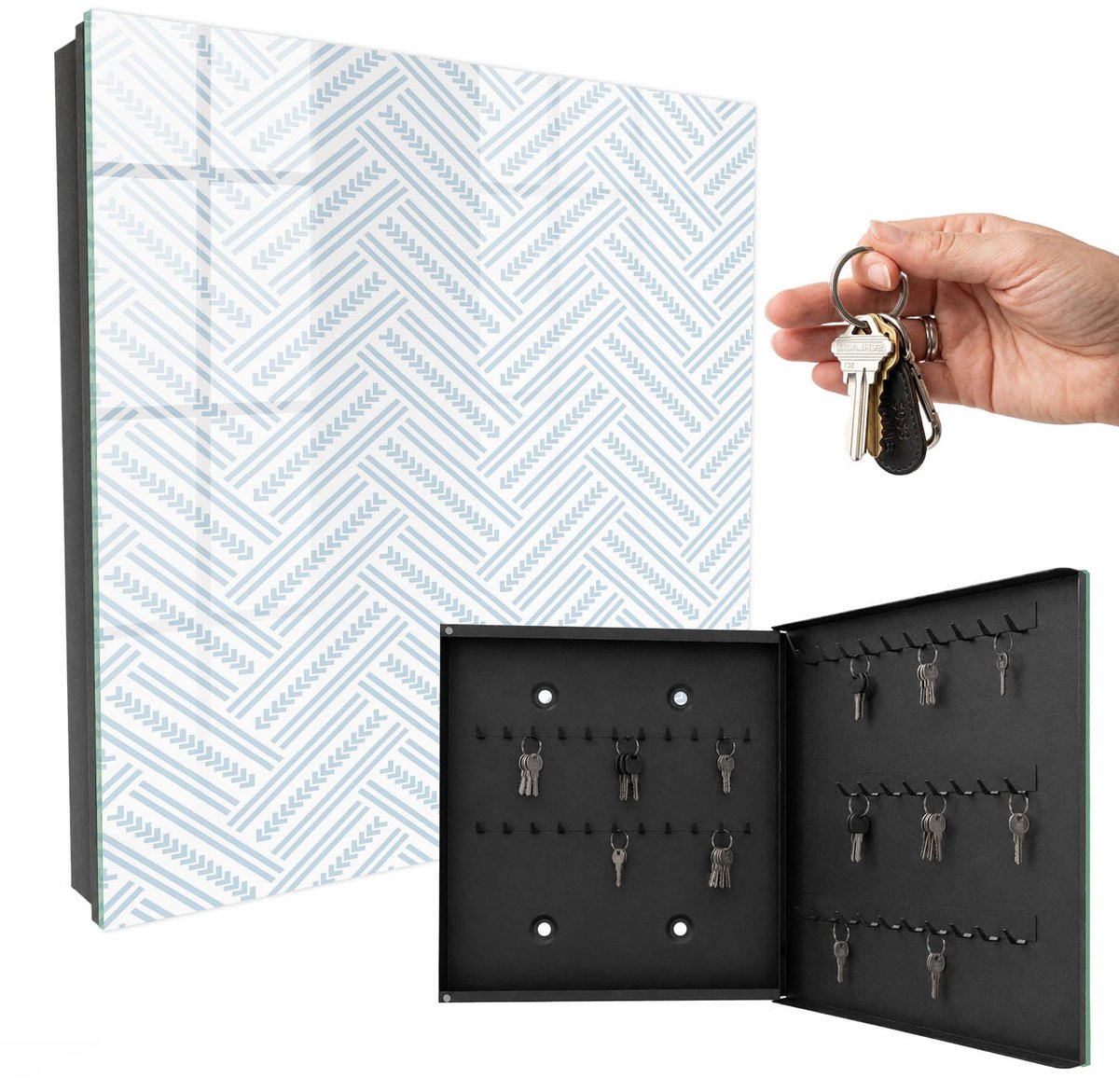 WallMuralia - Sleutelkast - 30x30x5 cm - met 50 haken - Subtiele Visgraat Sleutelkastje Muur - Wit Sleutelbox - Rechtsopenend - Zwart interieur