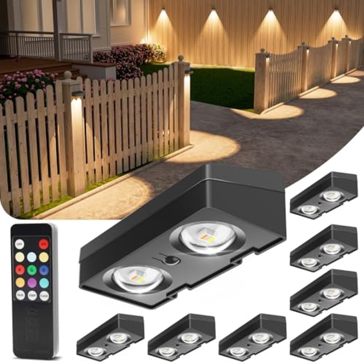 ModernStore Set van 8 heklampen op zonne-energie met afstandsbediening - 50 lumen - IP65 - 10 RGB-kleuren - Zwart - Duurzame decoratieve tuinverlichting