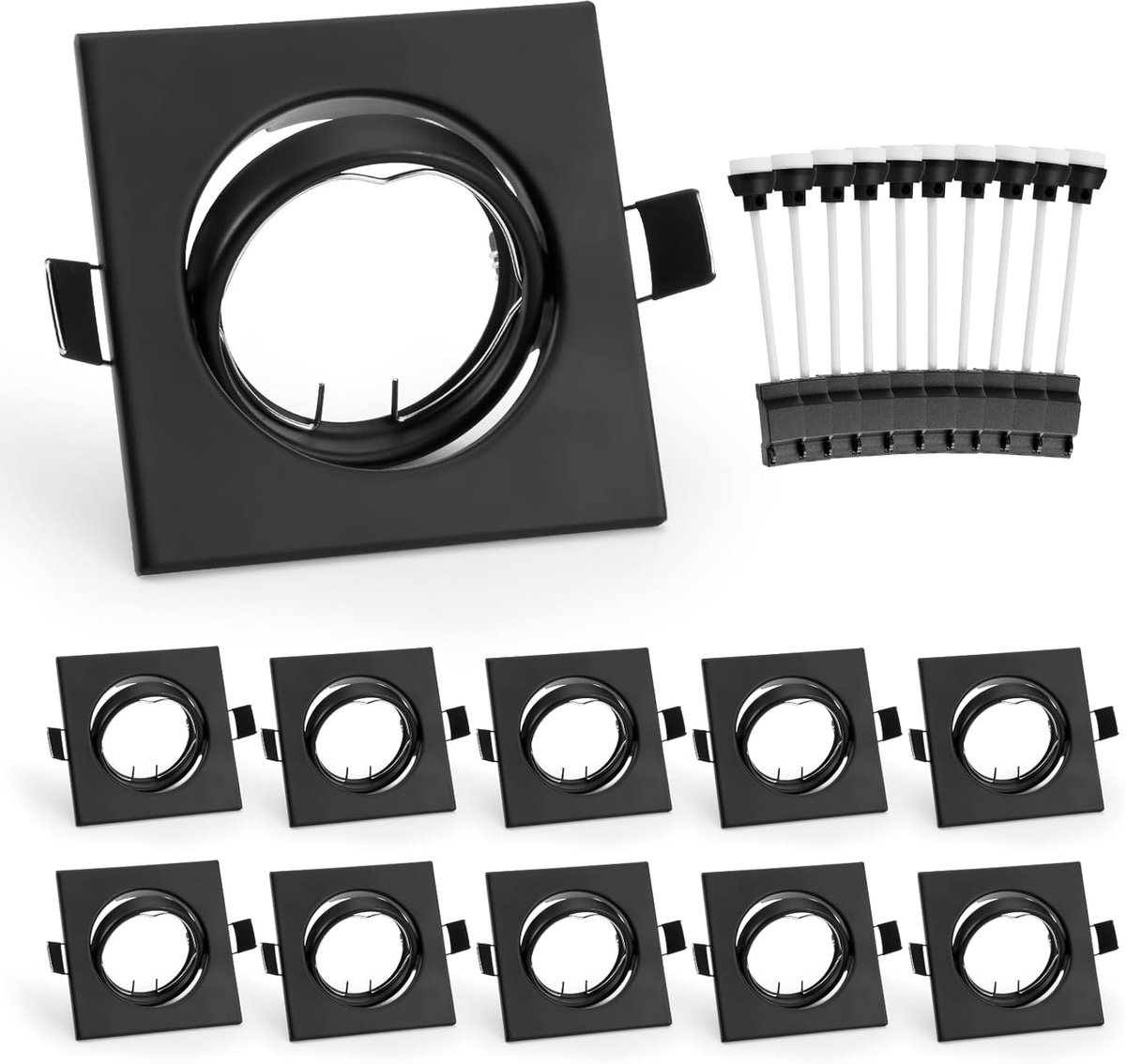 GU10 Inbouwspots, vierkant, Inbouwframes in Mat Zwart incl. GU10 Fitting Voor LED of Halogeen Lampen, 60° Draaibaar Plafondspot Montageframe, Boorgat Ø68mm-80mm, 10 stuks