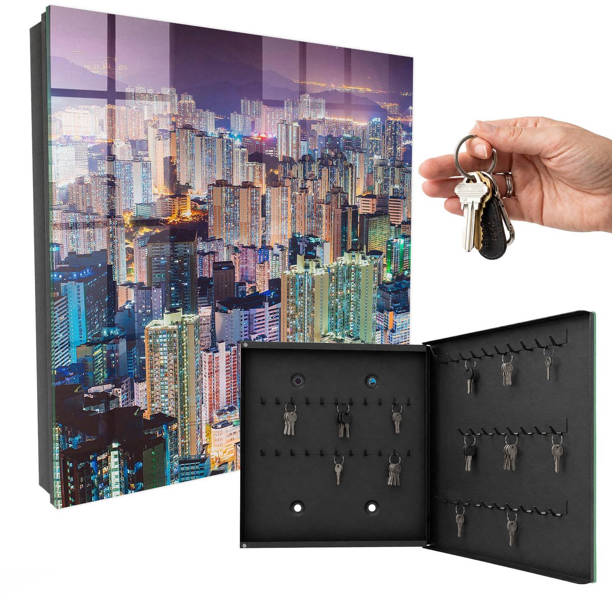 WallMuralia - Sleutelkast - 30x30x5 cm - met 50 haken - Stadsnacht Sleutelkastje Design - Blauw Sleutelbox - Rechtsopenend - Zwart interieur