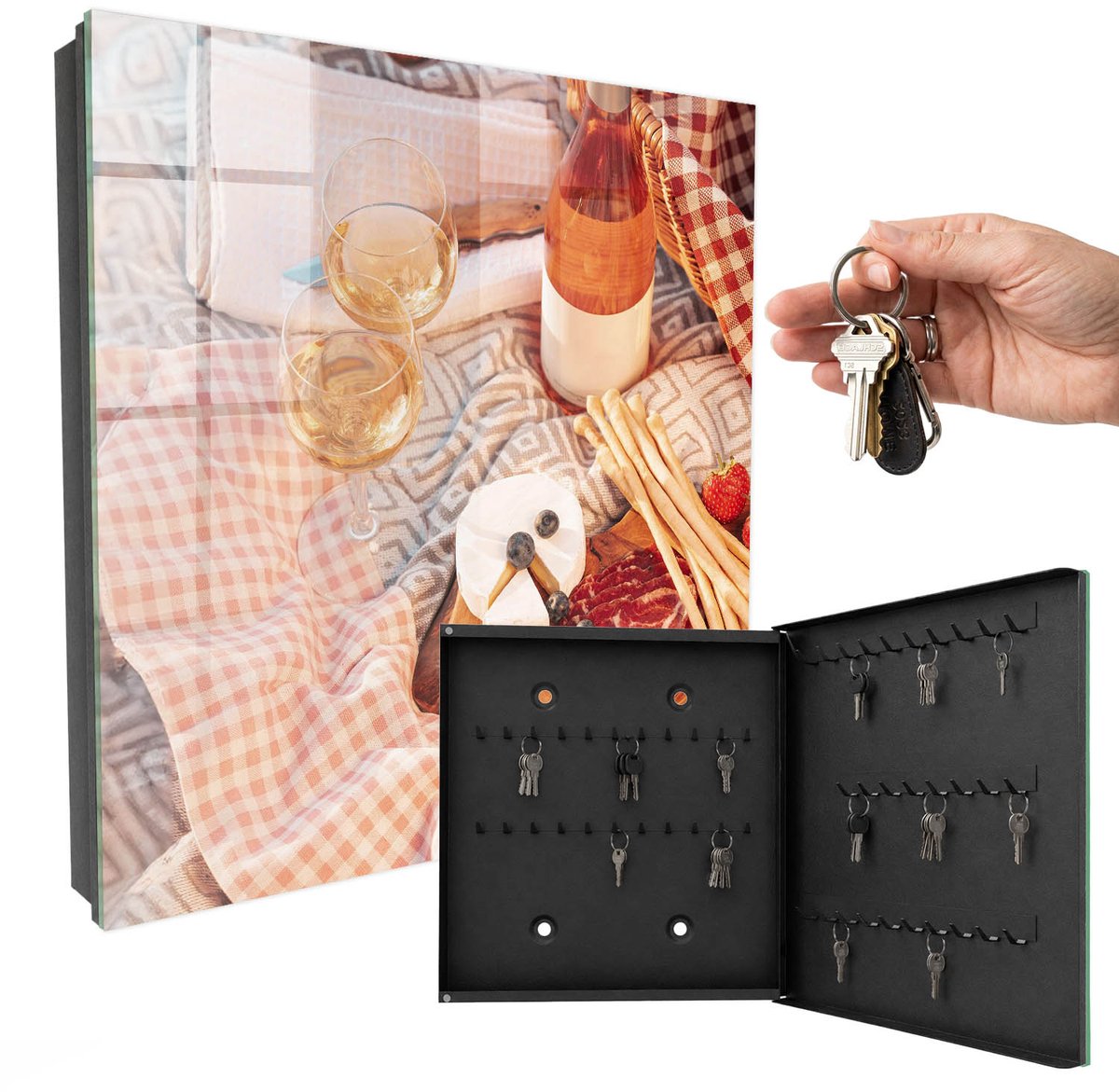 WallMuralia - Sleutelkast - 30x30x5 cm - met 50 haken - Picknickkleed Sleutelkastje Modern - Beige Sleutelbox - Rechtsopenend - Zwart interieur