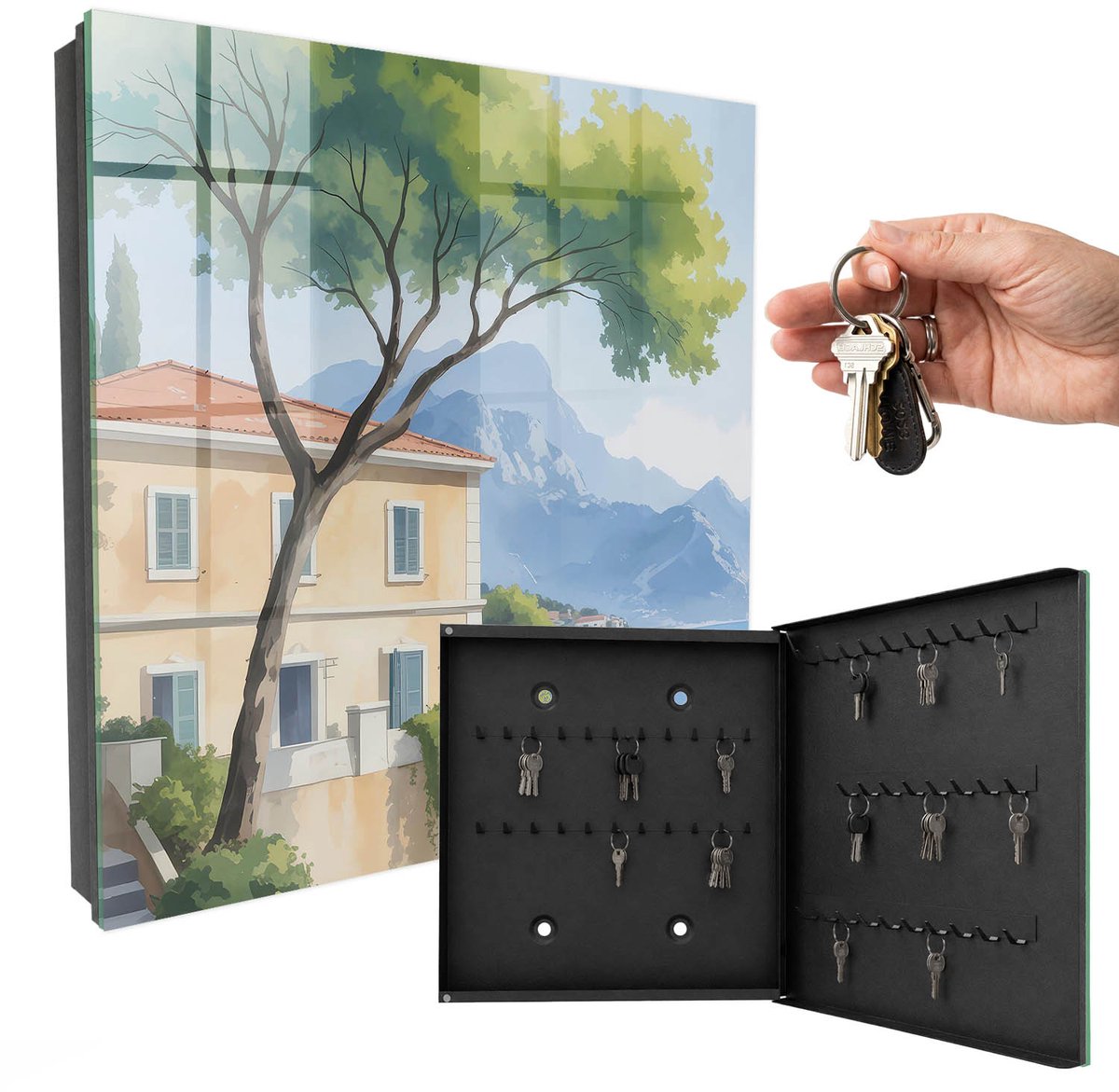 WallMuralia - Sleutelkast - 30x30x5 cm - met 50 haken - De Rust Van De Natuur Design Sleutelkastje - Groente Sleutelbox - Rechtsopenend - Zwart interieur