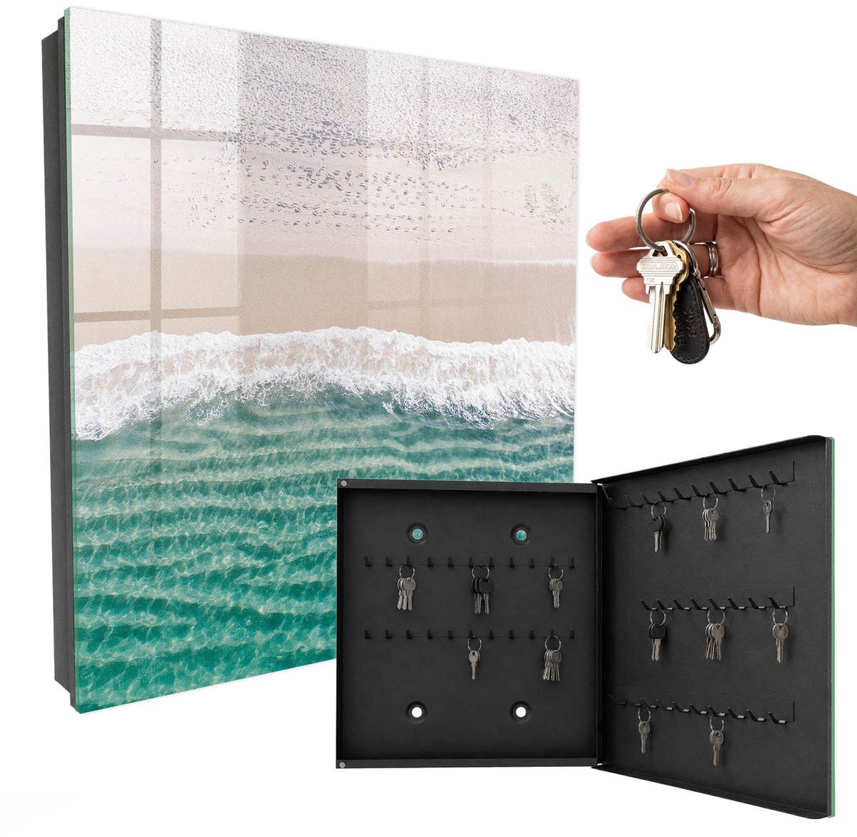 WallMuralia - Sleutelkast - 30x30x5 cm - met 50 haken - Zomerstrand Sleutelkastje Klein - Wit Sleutelbox - Rechtsopenend - Zwart interieur