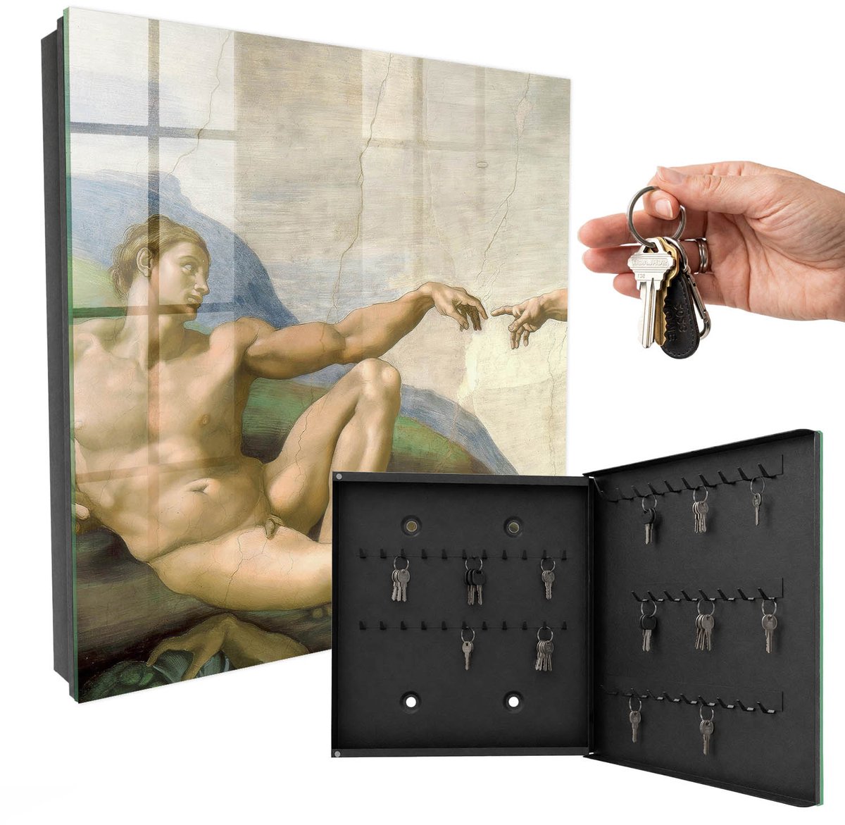 WallMuralia - Sleutelkast - 30x30x5 cm - met 50 haken - Klassieke Kunst Sleutelkastje Binnen - Beige Sleutelbox - Rechtsopenend - Zwart interieur