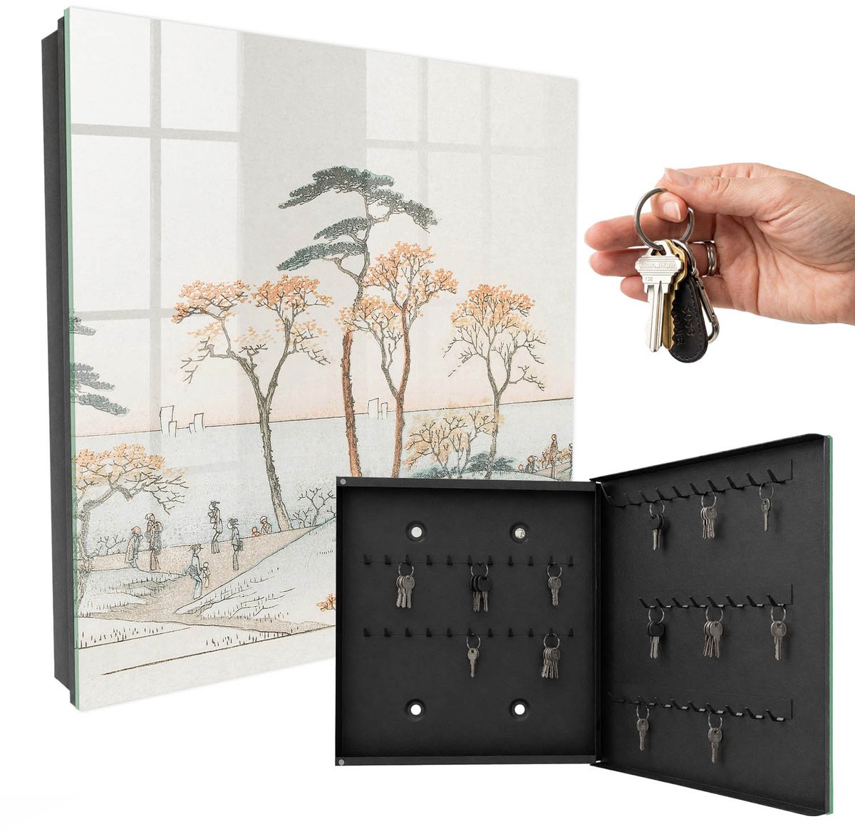 WallMuralia - Sleutelkast - 30x30x5 cm - met 50 haken - Japans Landschap Sleutelkastje Industrieel - Beige Sleutelbox - Rechtsopenend - Zwart interieur