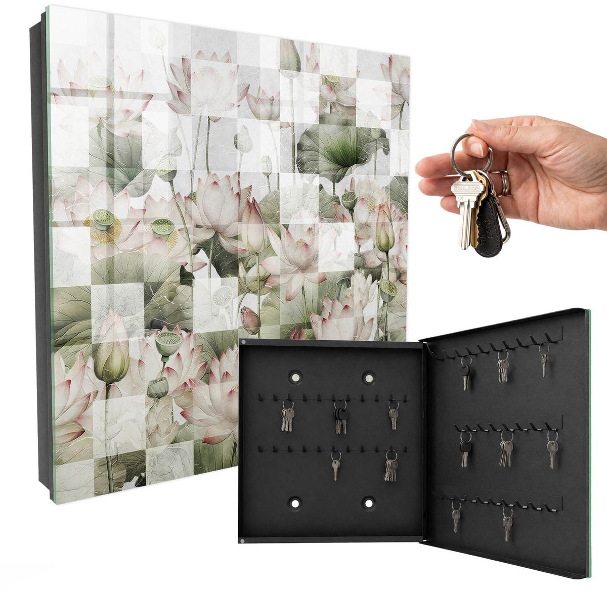 WallMuralia - Sleutelkast - 30x30x5 cm - met 50 haken - Geometrische Lelies Sleutelkastje Design - Groente Sleutelbox - Rechtsopenend - Zwart interieur